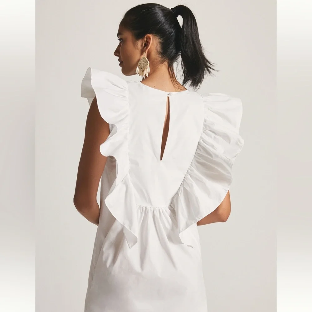 Anthropologie Blue Tassel Ruffled White Waistless Mini
Dress Size L - Picture 3 of 10